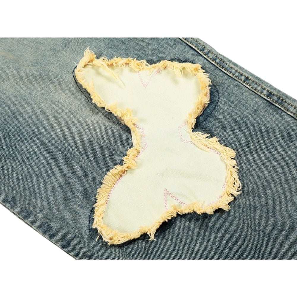 Washed Distressed Butterfly Patch Wide-Leg Jeans