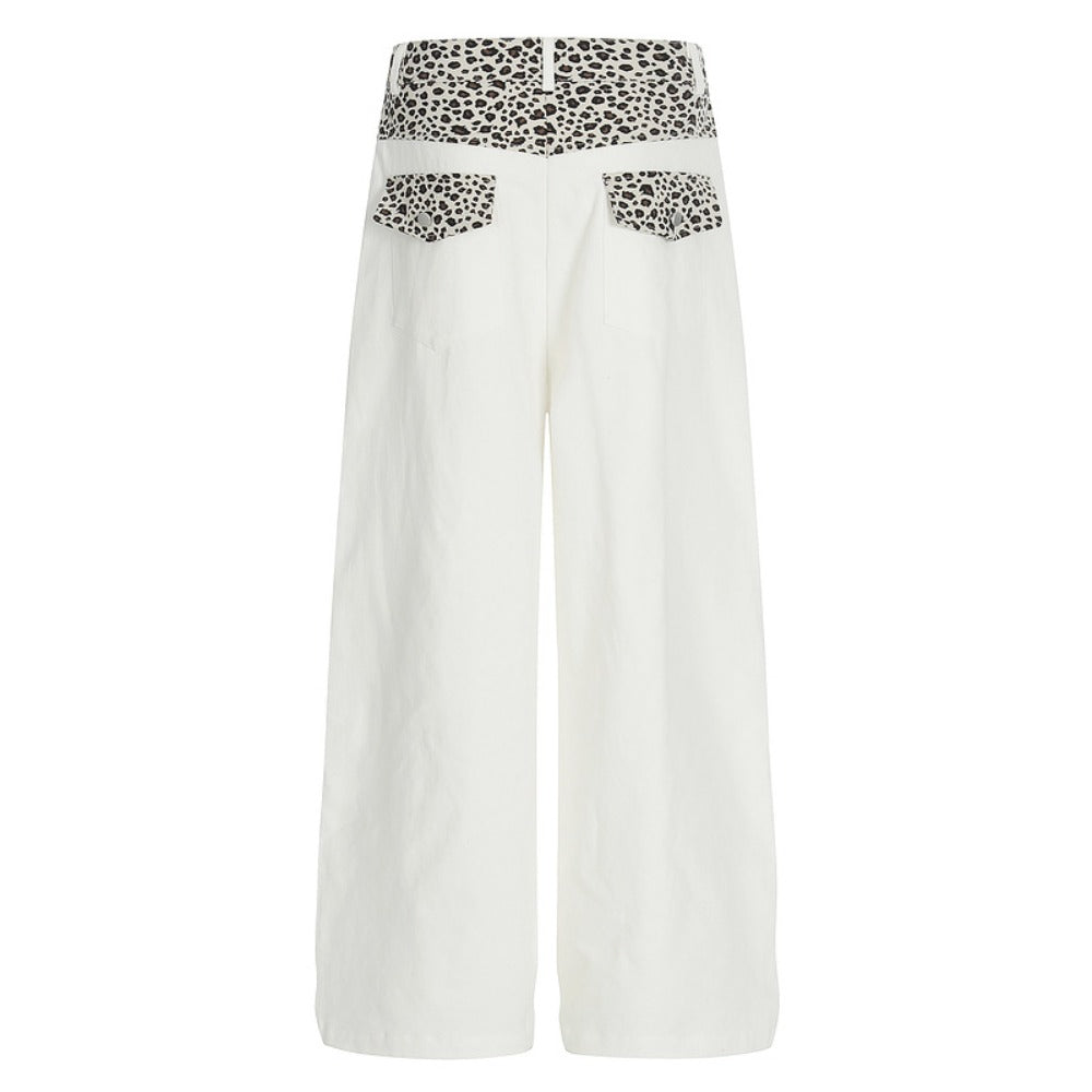 High-Waisted White Leopard Patch Wide-Leg Pants