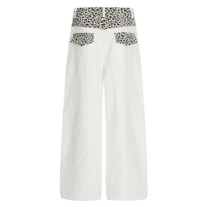 High-Waisted White Leopard Patch Wide-Leg Pants