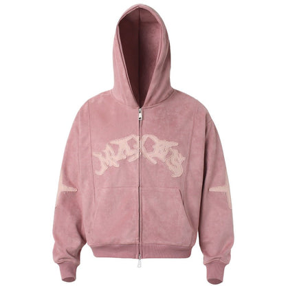 Artistic Logo Embroidered Suede Hoodie Jacket - Thrashink