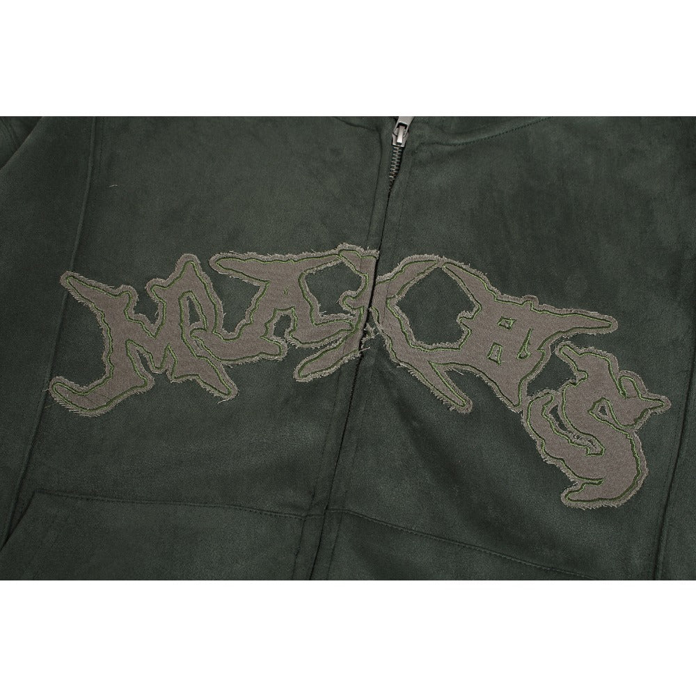 Artistic Logo Embroidered Suede Hoodie Jacket - Thrashink