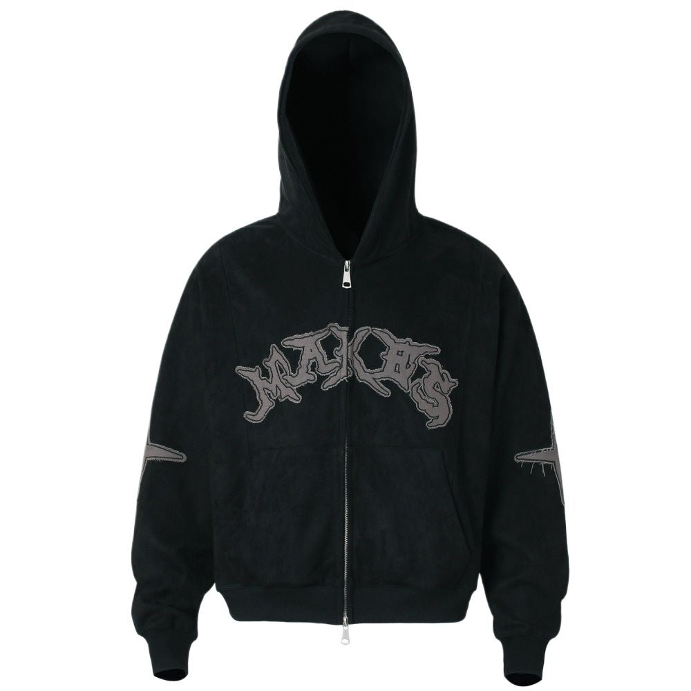 Artistic Logo Embroidered Suede Hoodie Jacket - Thrashink