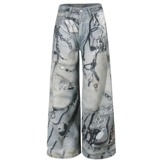 Artistic Print 3D Chain - Embellished Jeans - Thrashink