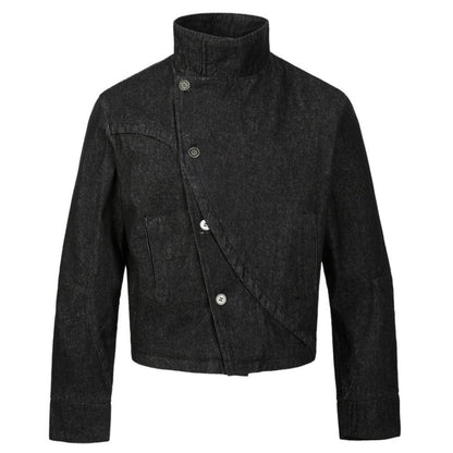 Asymmetric Black Denim Stand Collar Jacket - Thrashink