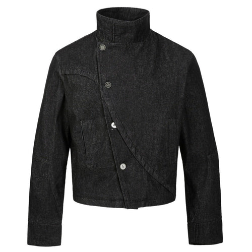 Asymmetric Black Denim Stand Collar Jacket - Thrashink