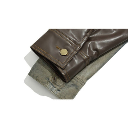 Asymmetric Raw Edge Denim Leather Jacket - Thrashink