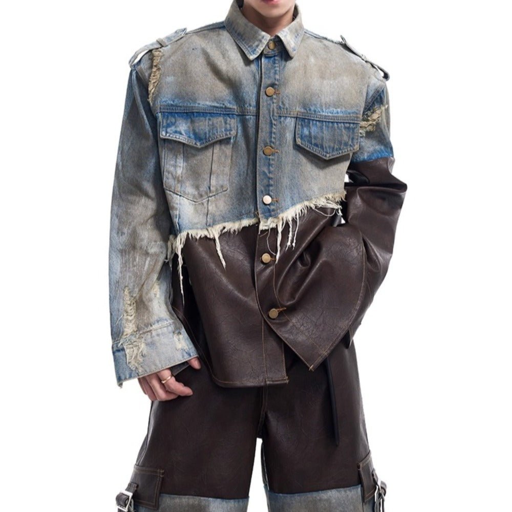 Asymmetric Raw Edge Denim Leather Jacket - Thrashink