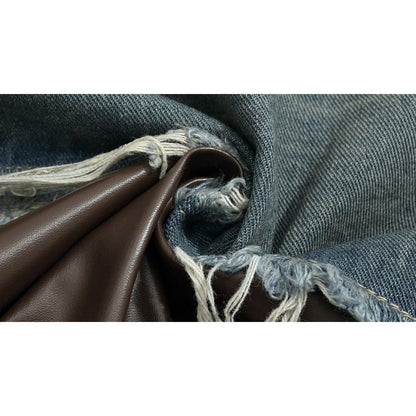 Asymmetric Raw Edge Denim Leather Jacket - Thrashink