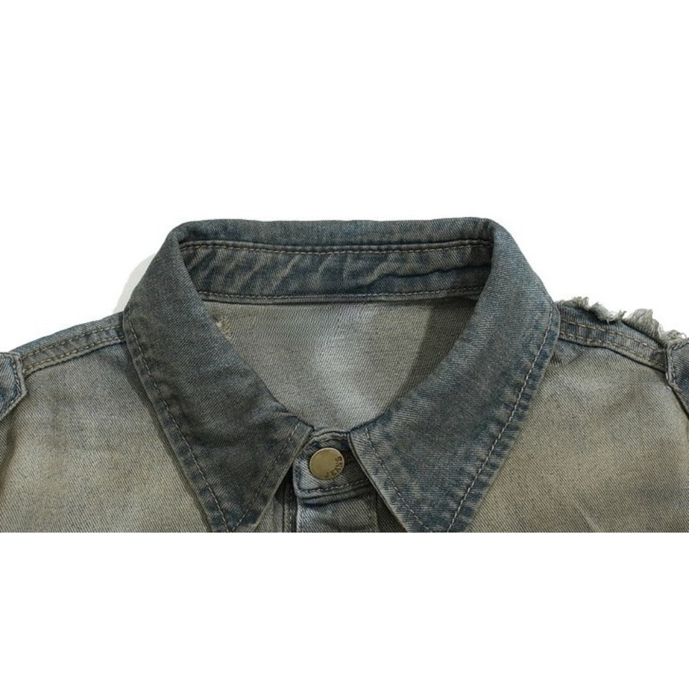 Asymmetric Raw Edge Denim Leather Jacket - Thrashink