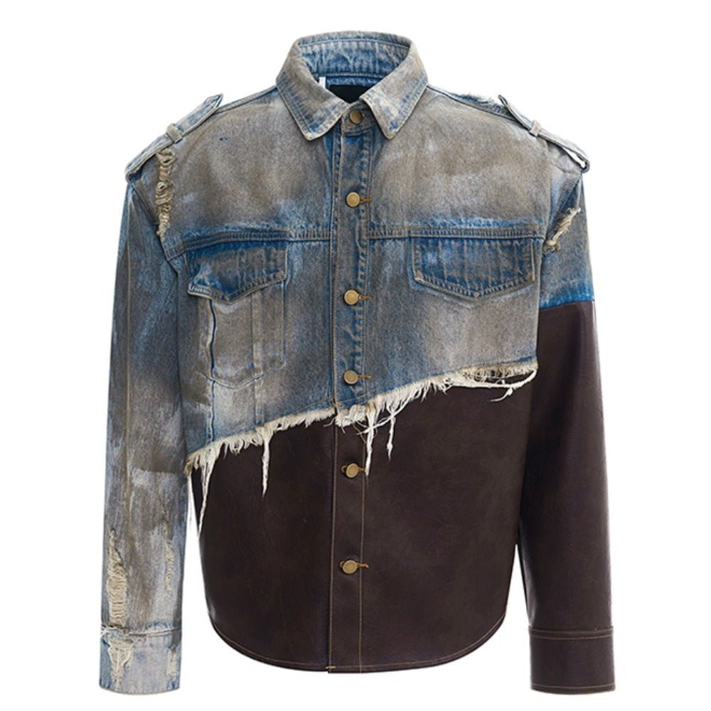 Asymmetric Raw Edge Denim Leather Jacket - Thrashink