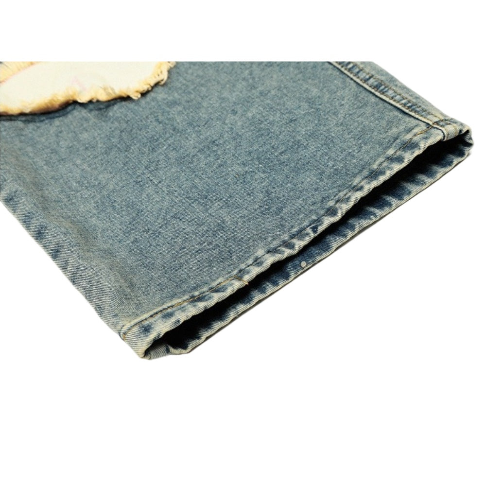 Washed Distressed Butterfly Patch Wide-Leg Jeans