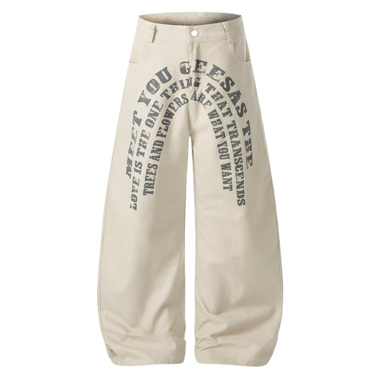 Beige Curved Slogan Baggy Jeans