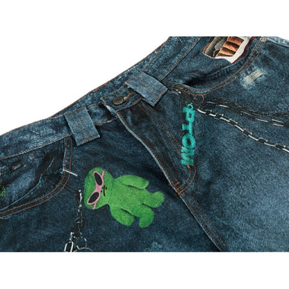 Vintage Washed Distressed AC Print Jeans