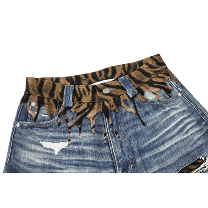3D Digital Tiger Print Spliced Baggy Jeans