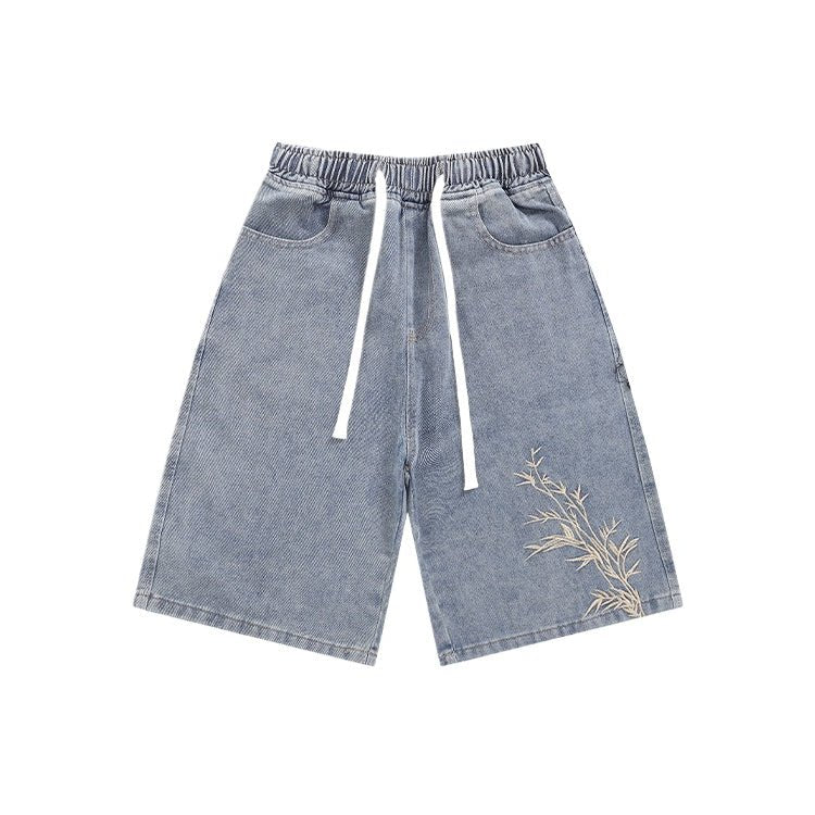 Bamboo Embroidered Bermuda Denim Shorts - Thrashink