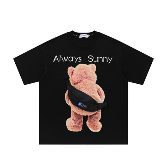 Bear Print Shoulder Bag Short Sleeve T-Shirt - Thrashink