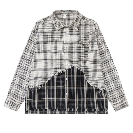 Beige & Black Patchwork Plaid Frayed Shirt - Thrashink