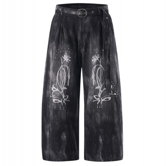 Belted Floral Embroidered Distressed Jeans - Thrashink