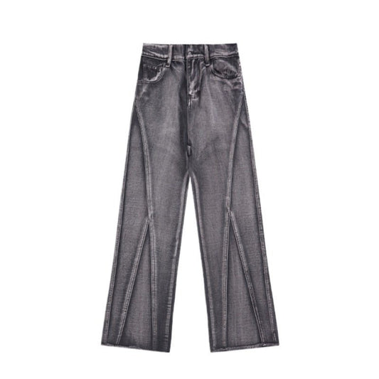 Black and Gray Wide - leg Straight Frayed Jeans - Thrashink