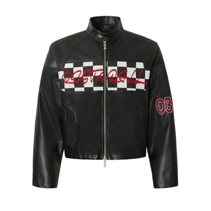 Black and White Checkered Leather Jacket - Thrashink
