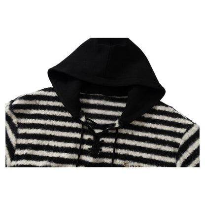 Black and White Striped Thick Terry Hoodie - Thrashink