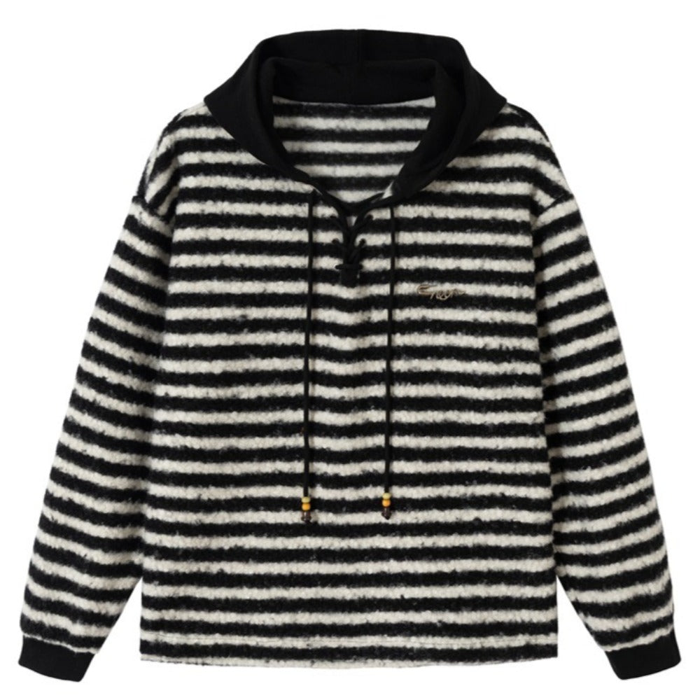 Black and White Striped Thick Terry Hoodie - Thrashink