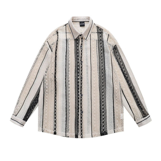 Black & Apricot Hollow Striped Shirt - Thrashink