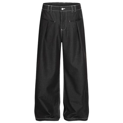 Black Contrast Stitch Wide - Leg Jeans - Thrashink
