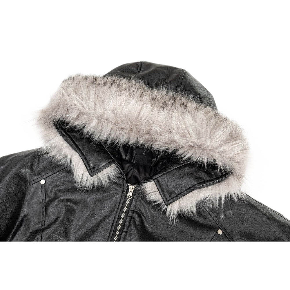 Black Fur - Trimmed Hooded Bomber Jacket - Thrashink