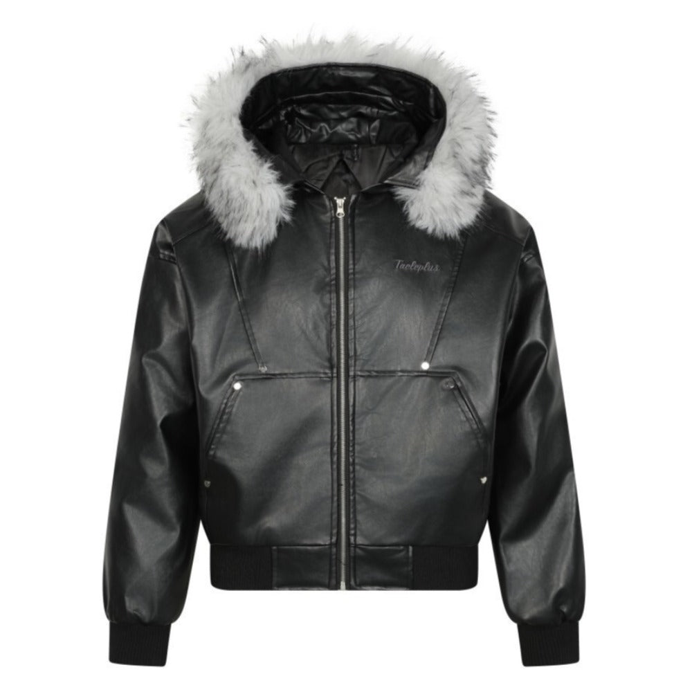 Black Fur - Trimmed Hooded Bomber Jacket - Thrashink
