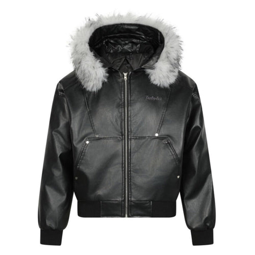 Black Fur - Trimmed Hooded Bomber Jacket - Thrashink