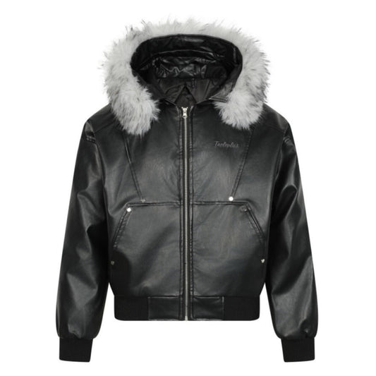 Black Fur - Trimmed Hooded Bomber Jacket - Thrashink