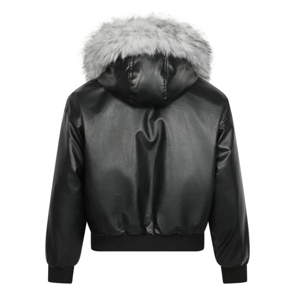 Black Fur - Trimmed Hooded Bomber Jacket - Thrashink