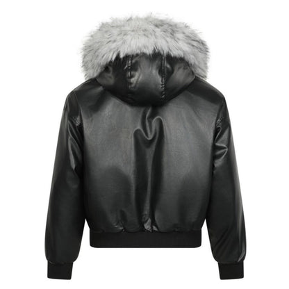 Black Fur - Trimmed Hooded Bomber Jacket - Thrashink
