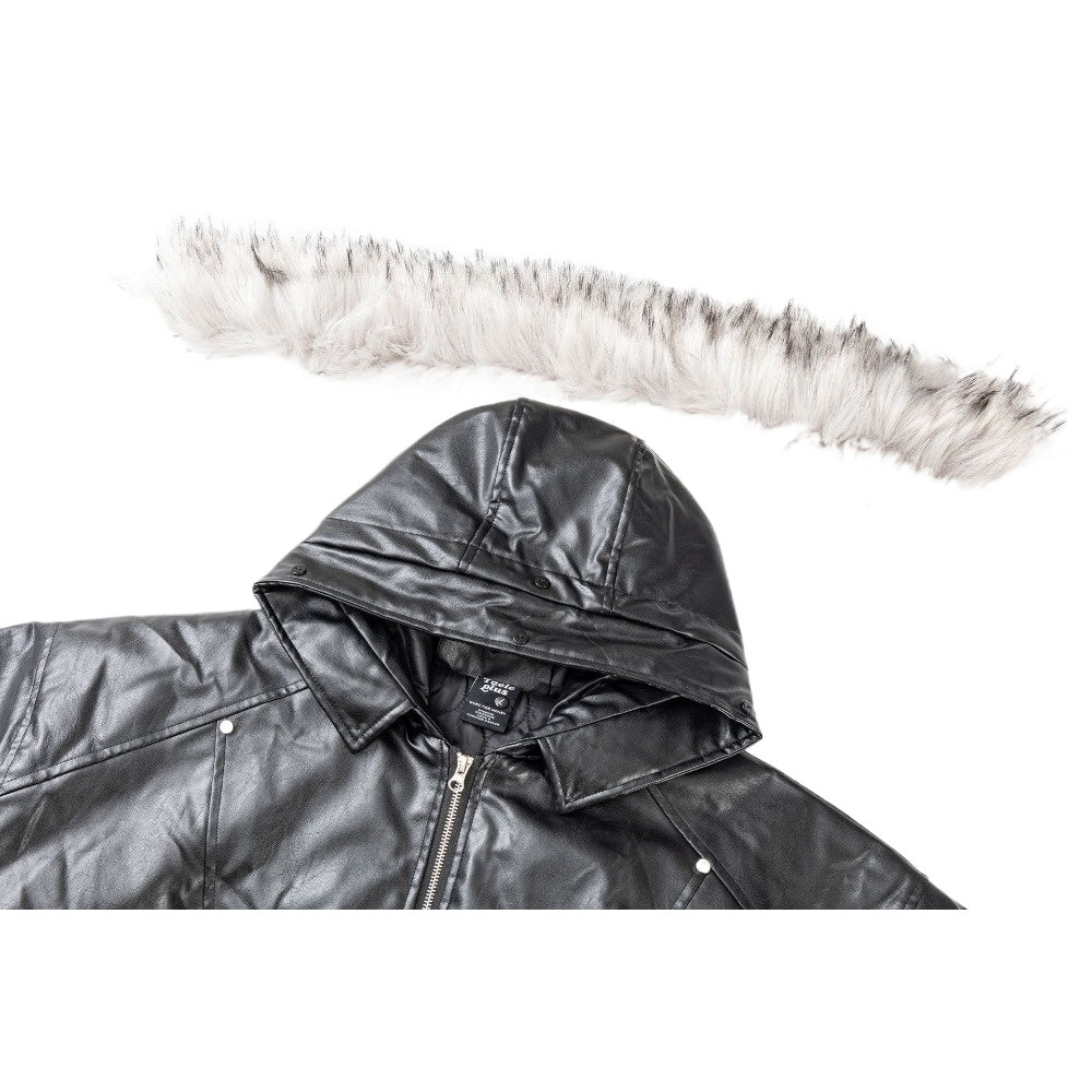 Black Fur - Trimmed Hooded Bomber Jacket - Thrashink