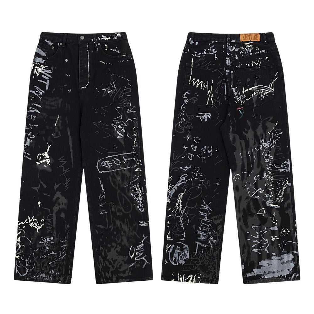 Black Graffiti Print Jeans - Thrashink