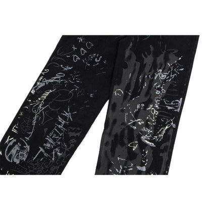 Black Graffiti Print Jeans - Thrashink