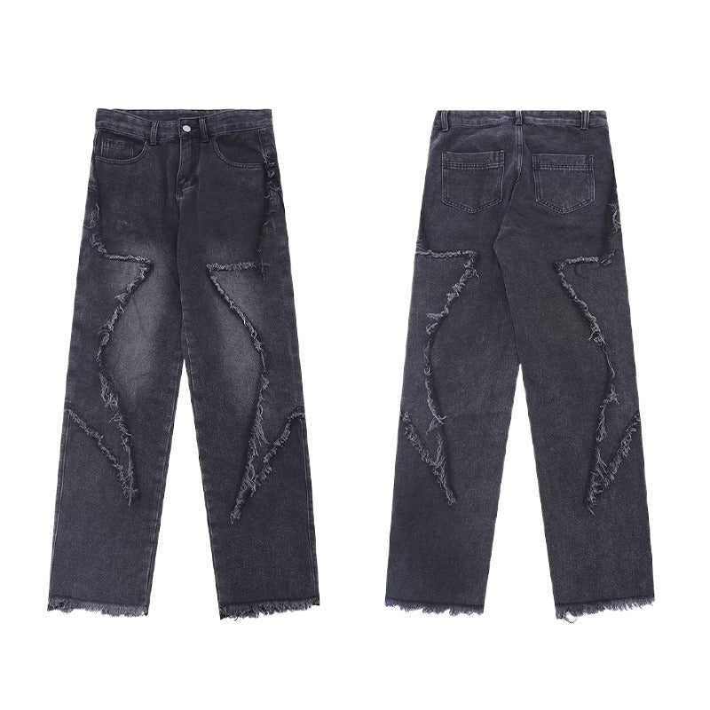 Black Gray Frayed Star Jeans - Thrashink
