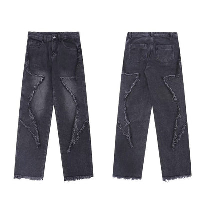 Black Gray Frayed Star Jeans - Thrashink