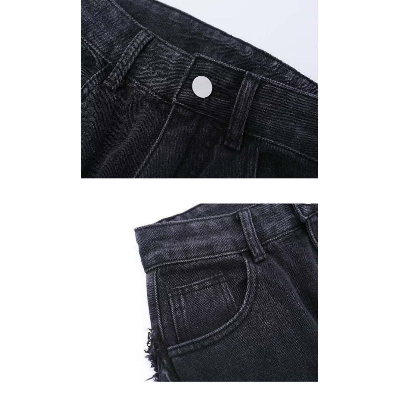 Black Gray Frayed Star Jeans - Thrashink