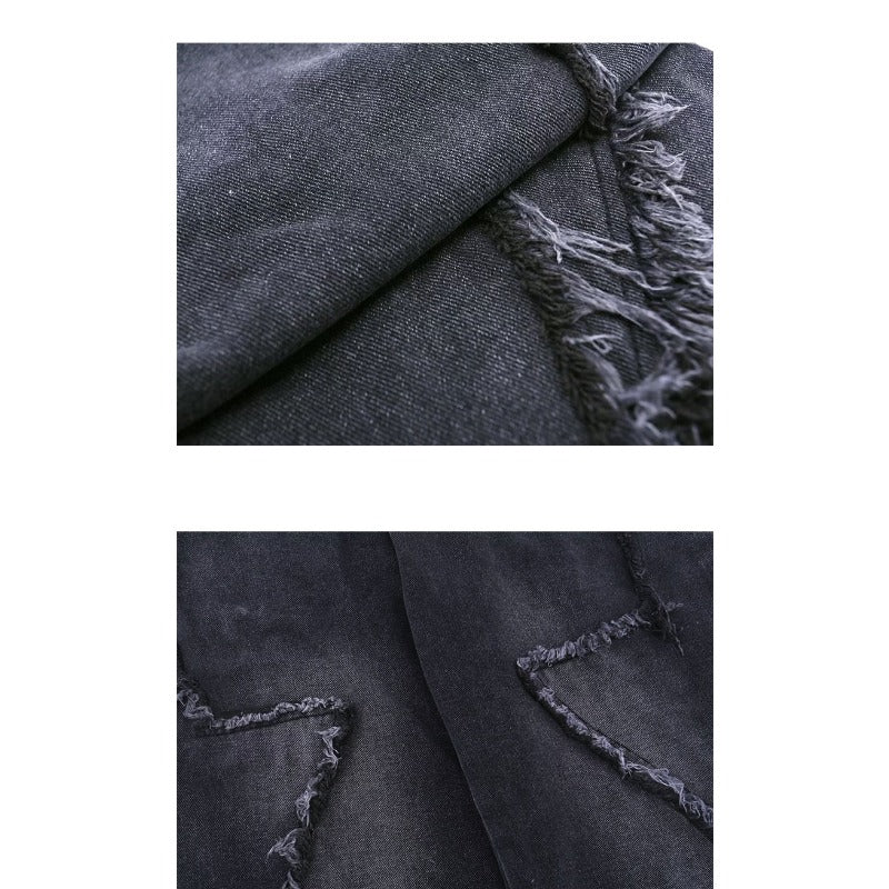 Black Gray Frayed Star Jeans - Thrashink