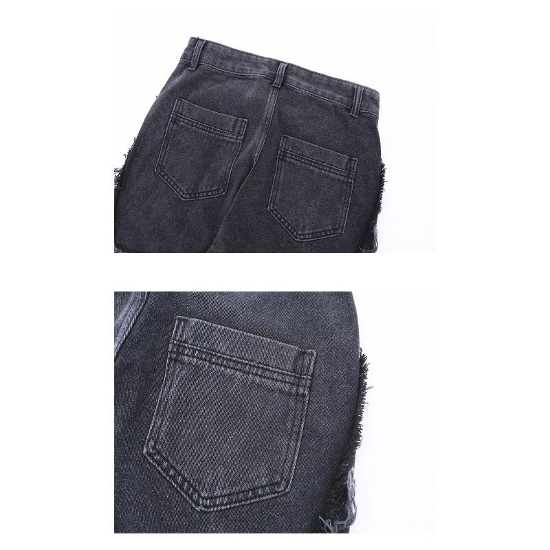 Black Gray Frayed Star Jeans - Thrashink