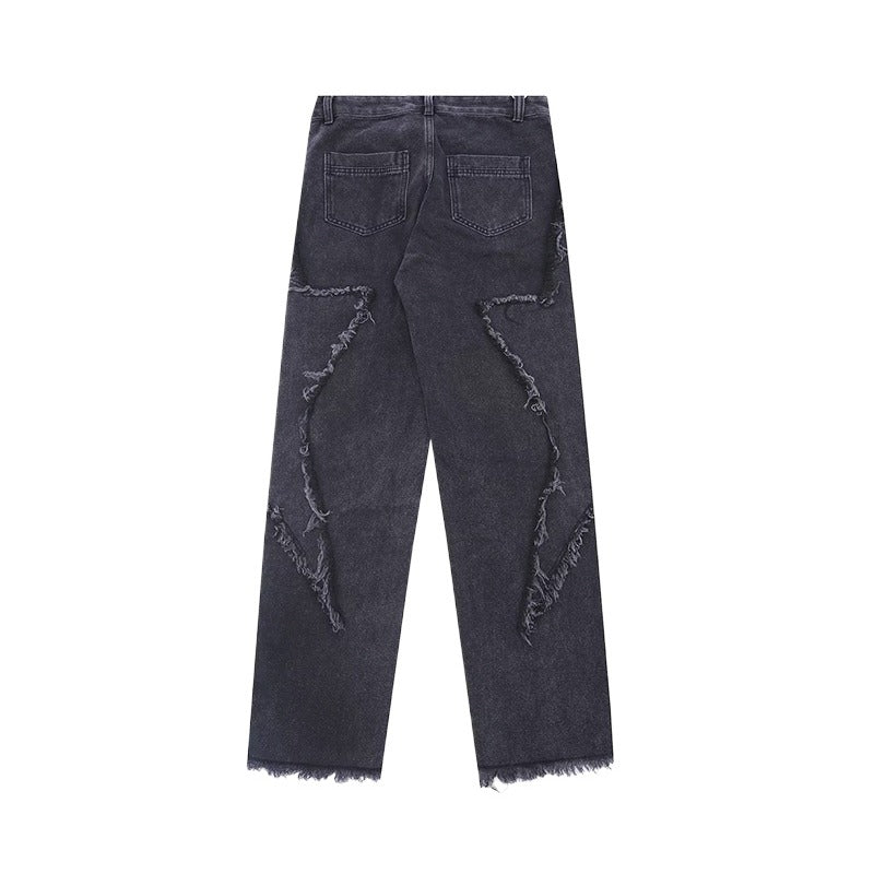Black Gray Frayed Star Jeans - Thrashink