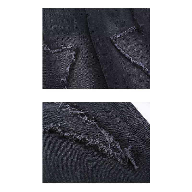 Black Gray Frayed Star Jeans - Thrashink