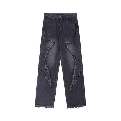 Black Gray Frayed Star Jeans - Thrashink