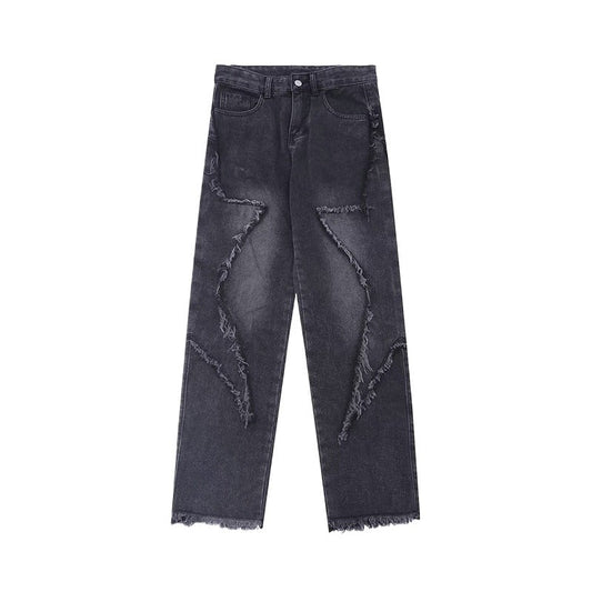 Black Gray Frayed Star Jeans - Thrashink