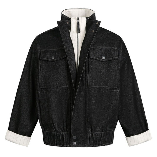 Black Patchwork Faux Two - piece Denim Jacket - Thrashink