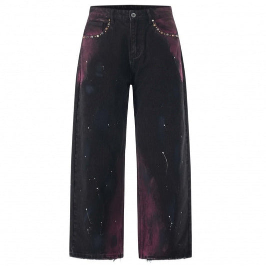 Black Purple Splash Rivet Wide - Leg Jeans - Thrashink