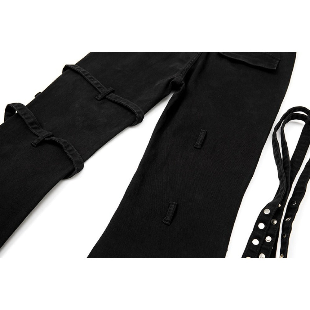 Black Rivet Strapped Flared Pants - Thrashink