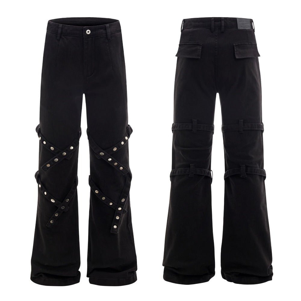 Black Rivet Strapped Flared Pants - Thrashink